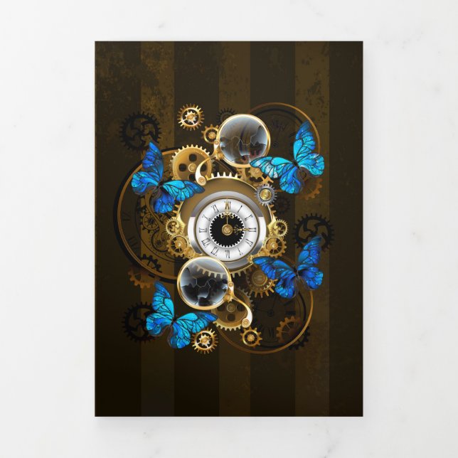 Steampunk Gears and Blue Butterflies Tri-Fold Invitation (Cover)