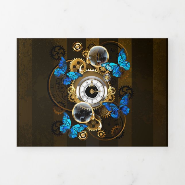 Steampunk Gears and Blue Butterflies Tri-Fold Programme (Cover)