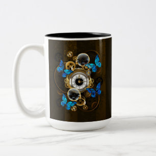 Steampunk Gears and Blue Butterflies Two-Tone Coffee Mug