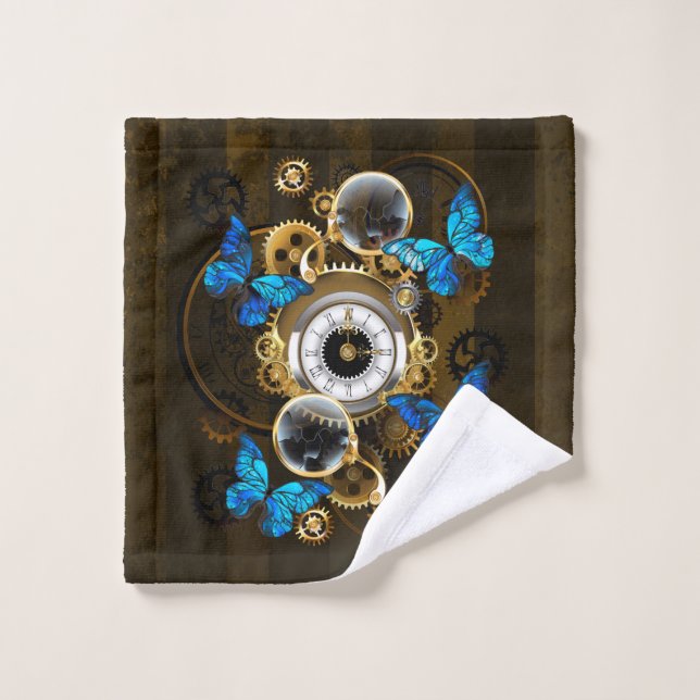 Steampunk Gears and Blue Butterflies Wash Cloth (Wash Cloth)
