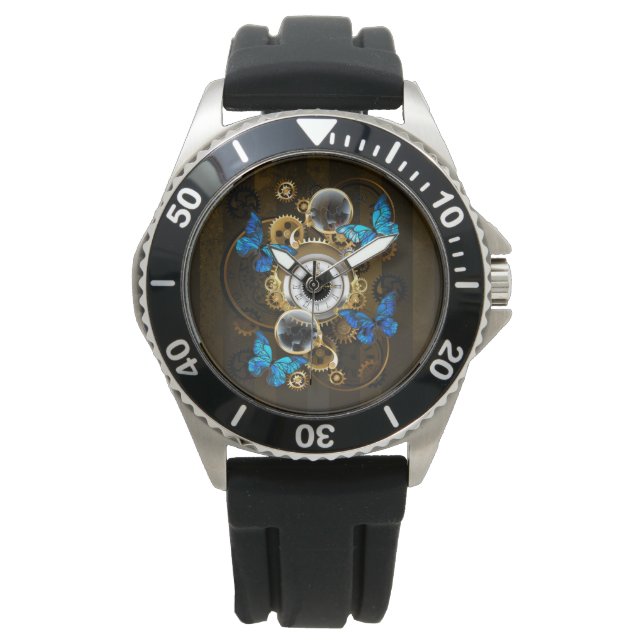 Steampunk Gears and Blue Butterflies Watch (Front)