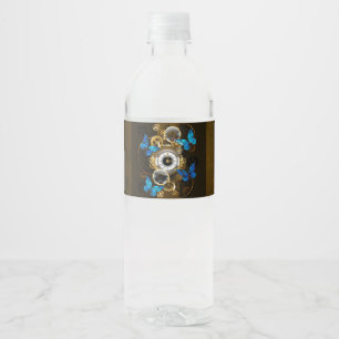 Steampunk Gears and Blue Butterflies Water Bottle Label