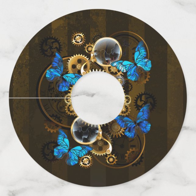 Steampunk Gears and Blue Butterflies Wine Glass Tag (Front)