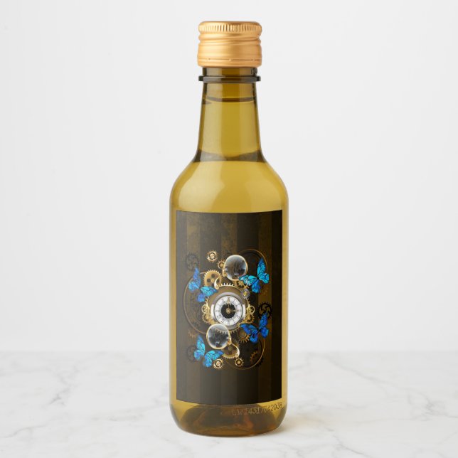 Steampunk Gears and Blue Butterflies Wine Label (Front)