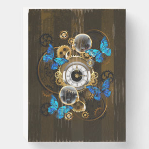 Steampunk Gears and Blue Butterflies Wooden Box Sign