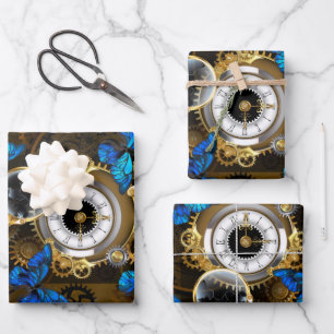 Steampunk Gears and Blue Butterflies Wrapping Paper Sheet