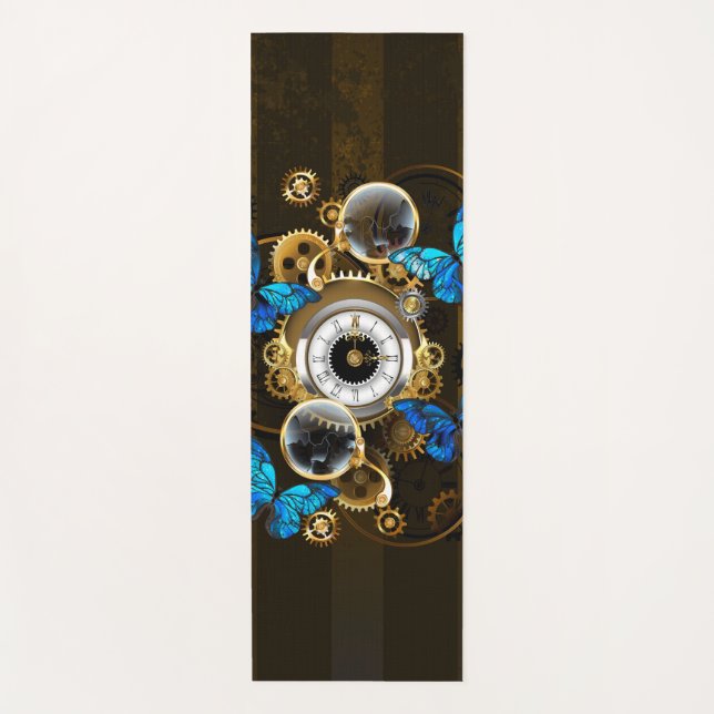 Steampunk Gears and Blue Butterflies Yoga Mat (Front)