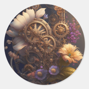Steampunk Gears and Flowers  Classic Round Sticker