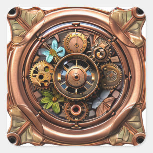 Steampunk Gears and Flowers Copper and Gold Metal Square Sticker