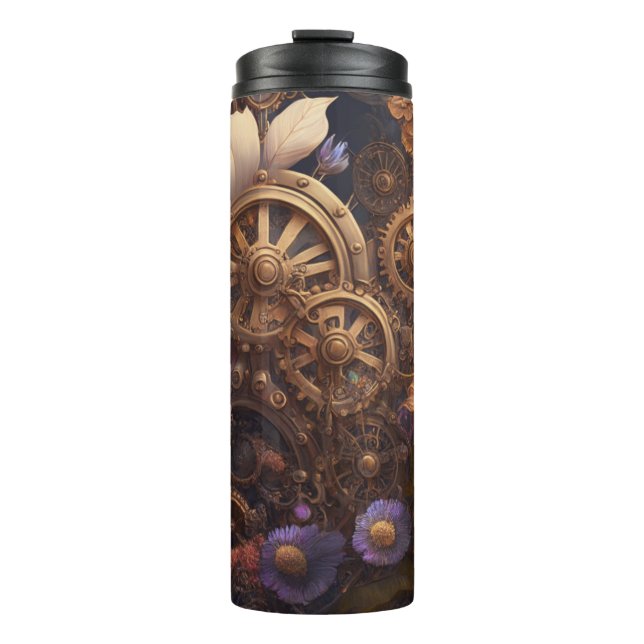 Steampunk Gears and Purple Flowers Thermal Tumbler (Front)
