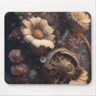 Steampunk Gears and White Flowers  Mouse Mat
