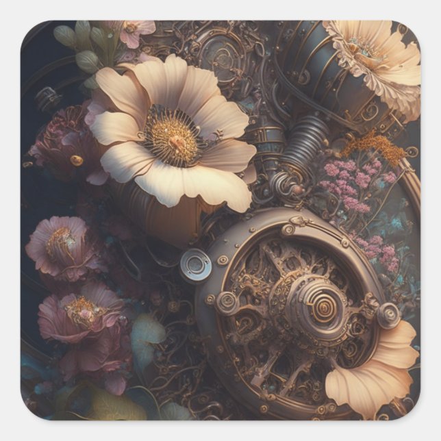 Steampunk Gears and White Flowers  Square Sticker (Front)