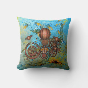 Steampunk Gears Collage Aqua Copper Throw Pillow