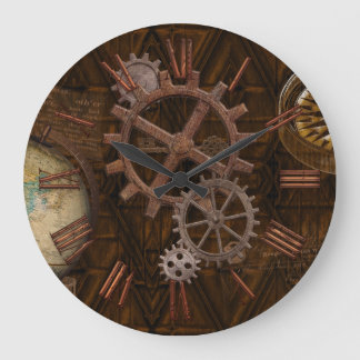 Steampunk Gears, Globe, Compass Artwork Large Clock
