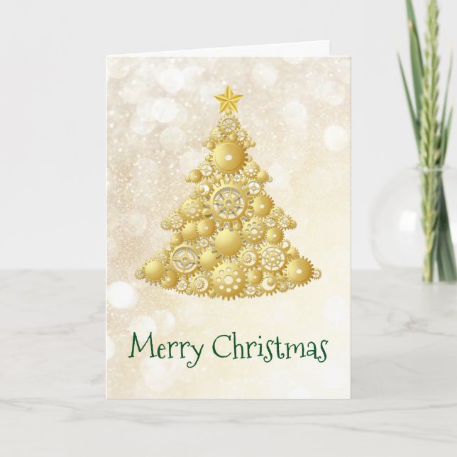 Steampunk Gears Gold Christmas Tree Holiday Card (Front)