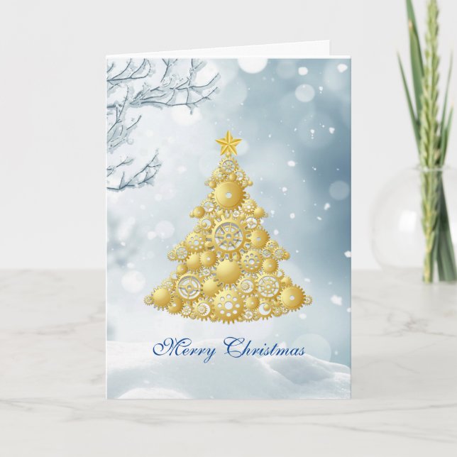 Steampunk Gears Gold Christmas Tree Snowflakes Holiday Card (Front)