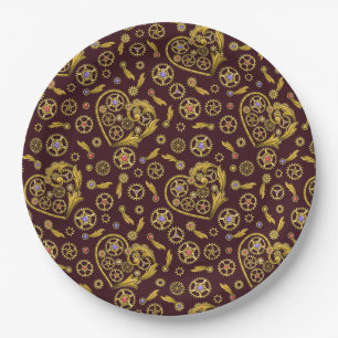 Steampunk Gears Heart Paper Plate