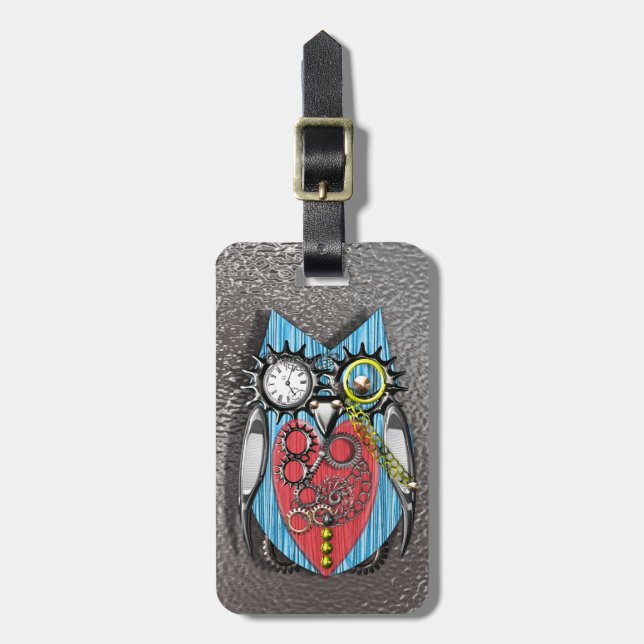 Steampunk Gears Mechanical Owl Luggage Tag (Front Vertical)
