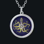 Steampunk Gears Octopus Kraken Silver Plated Necklace<br><div class="desc">This tentacled steampunk sea monster has eight wire-like gold appendages, a central silver gear and plenty of gears and bolts making up its head, eyes and suction cups. It's a robot octopus / kraken, a metal machine monster for anyone who likes geeky science-fiction / fantasy creatures. Dark-blue background colour is...</div>