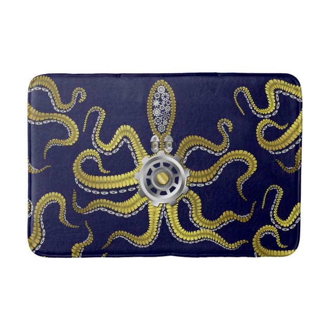 Steampunk Gears Octopus Metal Kraken Bath Mat (Front)