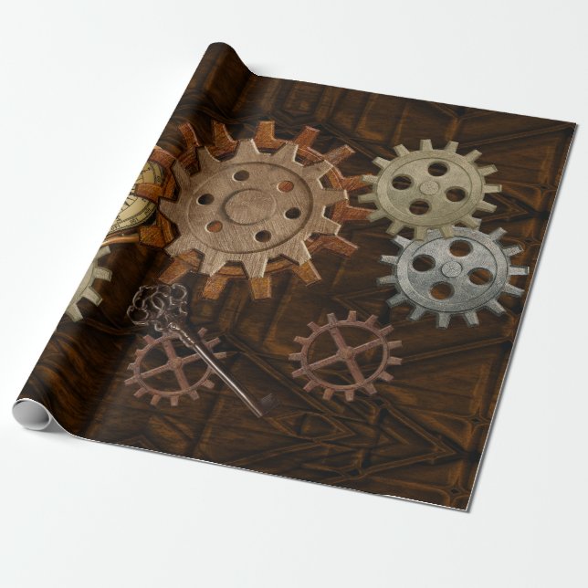 Steampunk Gears on Coppery-look Geometric Design Wrapping Paper (Unrolled)