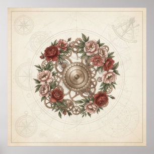 Steampunk Gears Rose Wreath Vintage Poster