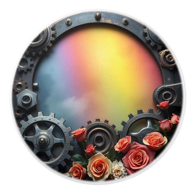 Steampunk Gears,Roses and Rainbow Ceramic Knob (Front)