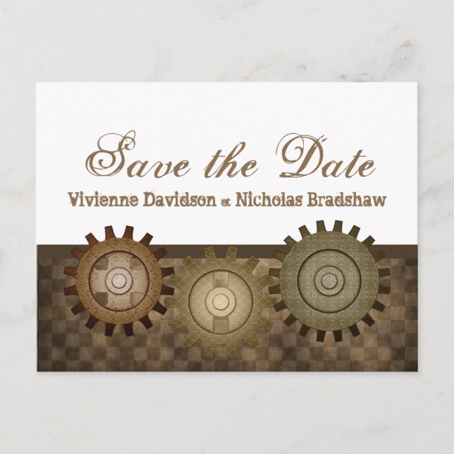 Steampunk Gears Save the Date Postcard, Brown Announcement Postcard (Front)