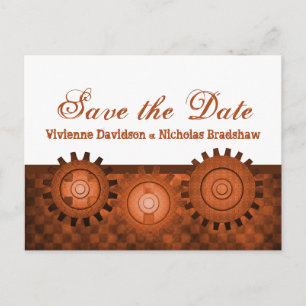 Steampunk Gears Save the Date Postcard, Orange Announcement Postcard