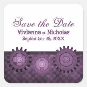 Steampunk Gears Save the Date Stickers, Purple Square Sticker