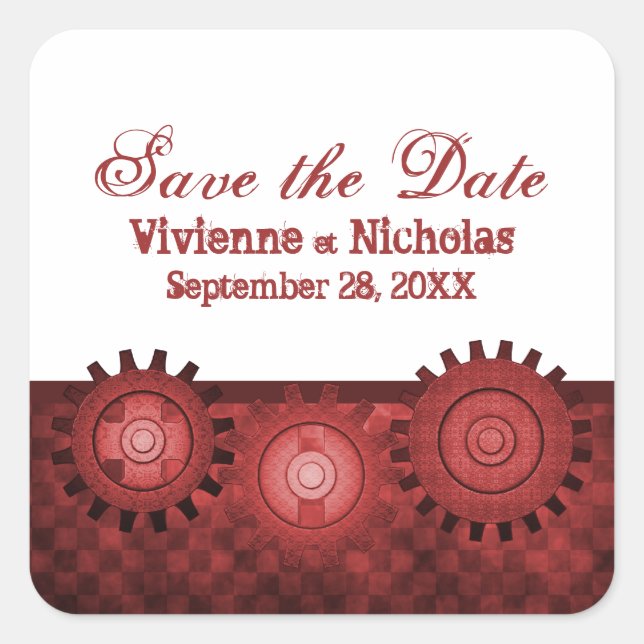 Steampunk Gears Save the Date Stickers, Red Square Sticker (Front)