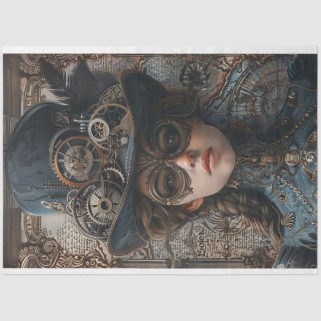 Steampunk Gears Teal Girl Decoupage  Tissue Paper (Front)