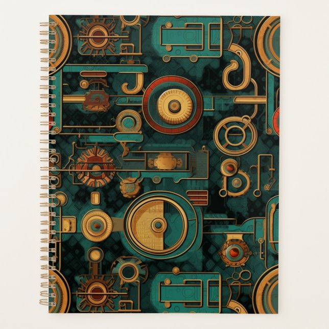 Steampunk Gears Teal Red Gold Planner (Front)