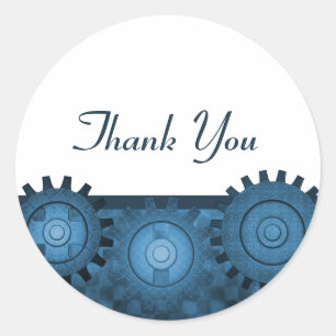Steampunk Gears Thank You Stickers, Blue Classic Round Sticker