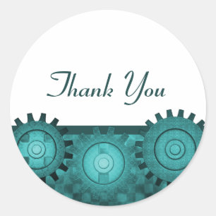 Steampunk Gears Thank You Stickers, Teal Classic Round Sticker
