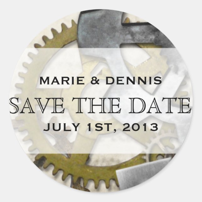 Steampunk Gears Victorian Save the Date Stickers (Front)