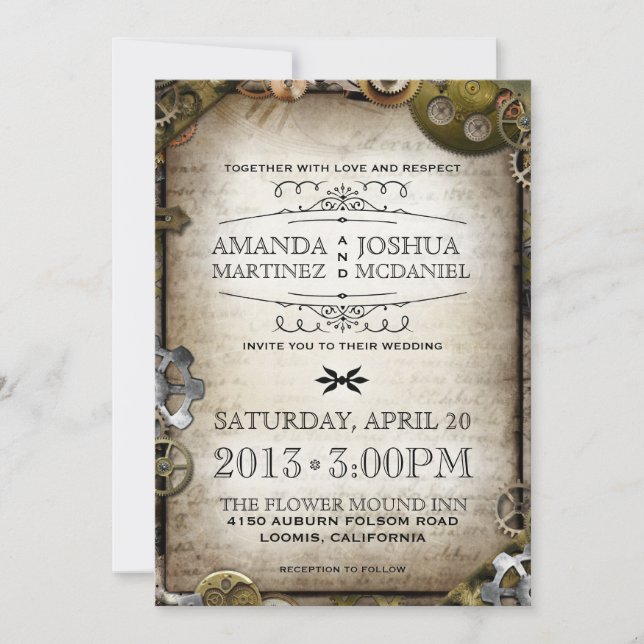 Steampunk Gears Vintage Victorian Wedding Invite (Front)