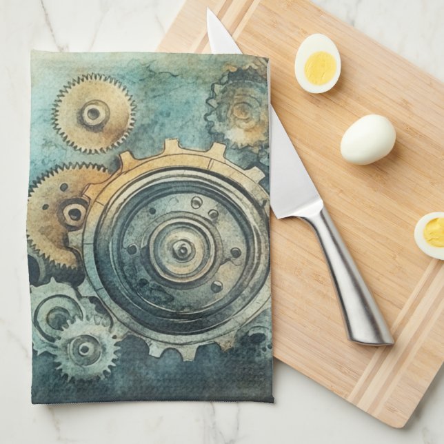 Steampunk Gears Watercolor - Clock Work Tea Towel (Quarter Fold)