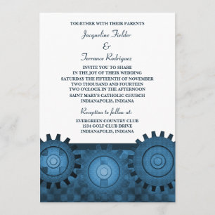 Steampunk Gears Wedding Invite, Blue Invitation
