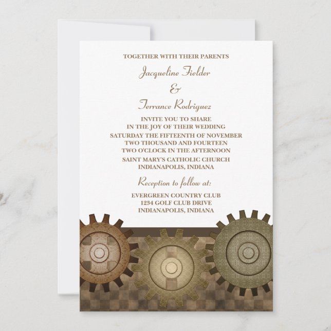Steampunk Gears Wedding Invite, Brown Invitation (Front)