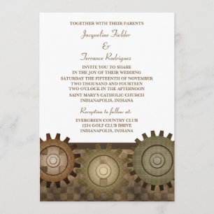 Steampunk Gears Wedding Invite, Brown Invitation