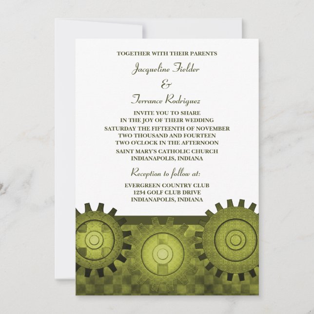 Steampunk Gears Wedding Invite, Green Invitation (Front)