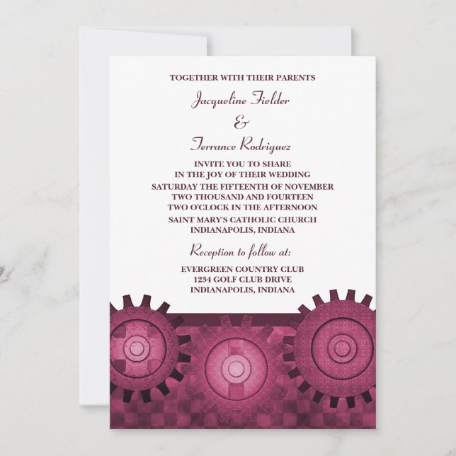 Steampunk Gears Wedding Invite, Pink Invitation (Front)