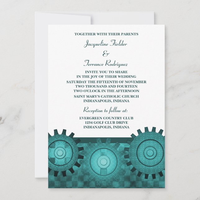 Steampunk Gears Wedding Invite, Teal Invitation (Front)