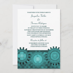 Steampunk Gears Wedding Invite, Teal Invitation