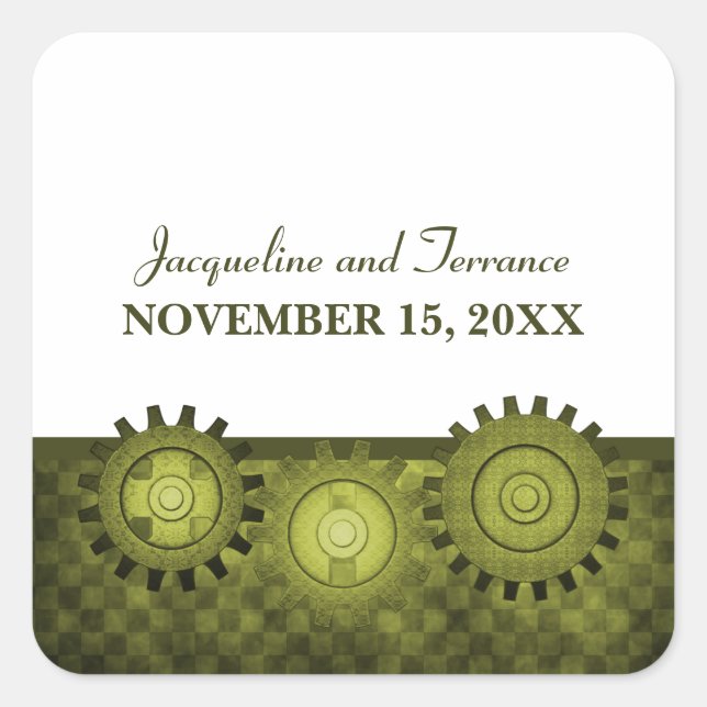 Steampunk Gears Wedding Stickers, Green Square Sticker (Front)