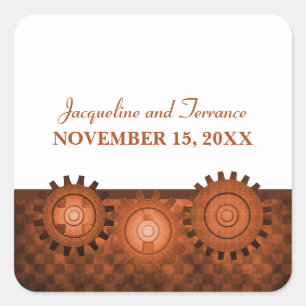 Steampunk Gears Wedding Stickers, Orange Square Sticker