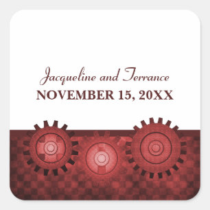 Steampunk Gears Wedding Stickers, Red Square Sticker