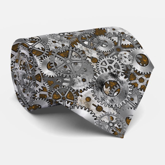 Steampunk Gearwork Silver Grunge Brown Burnout Tie (Rolled)