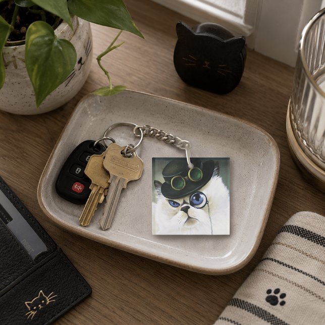 Steampunk Gentleman Cat Monocle Persian Siamese Key Ring (Creator Uploaded)